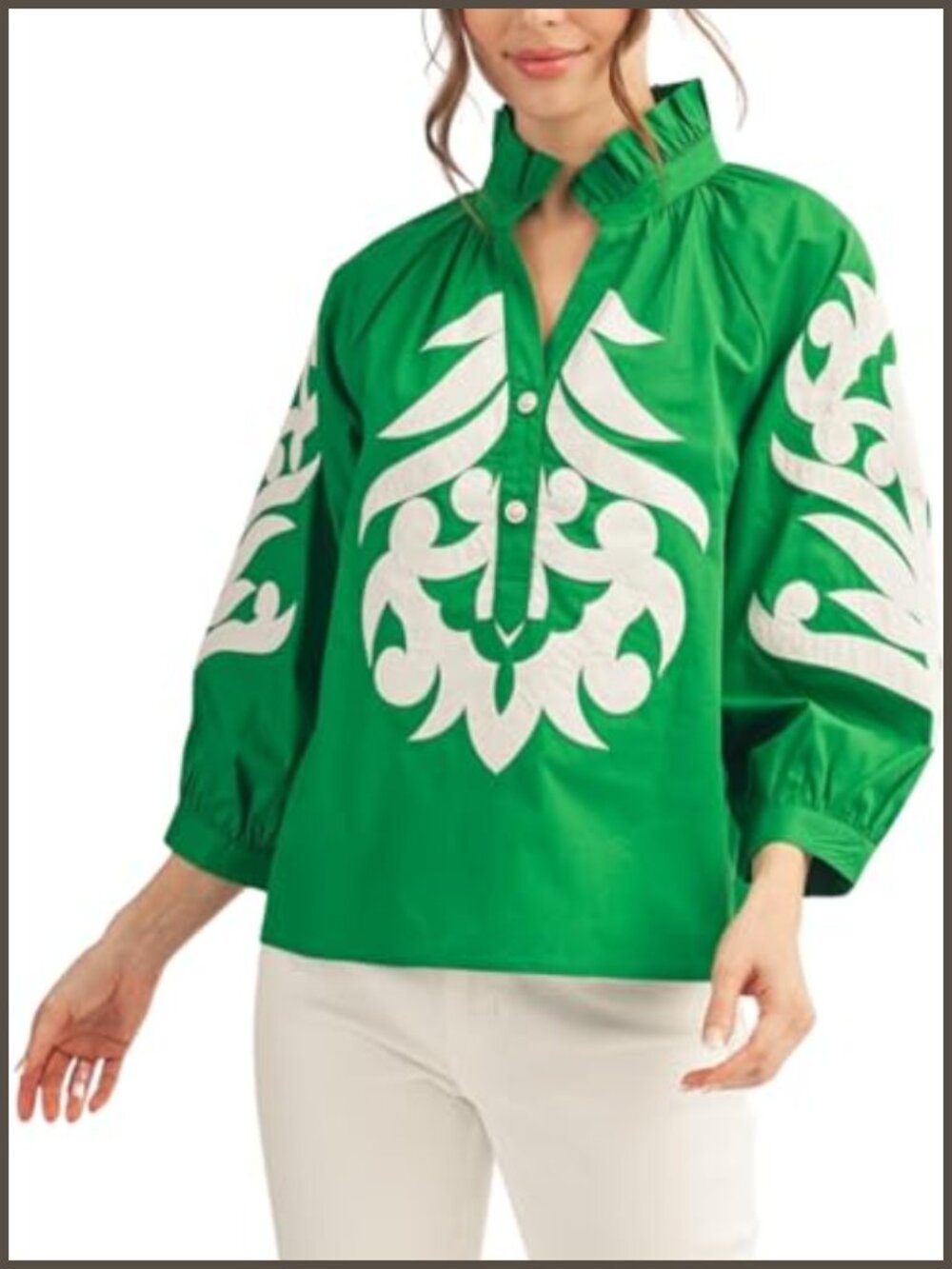 Baroque Applique Blouse Ruffled V-Neck 3/4 Puff Sleeve Floral Embroidered